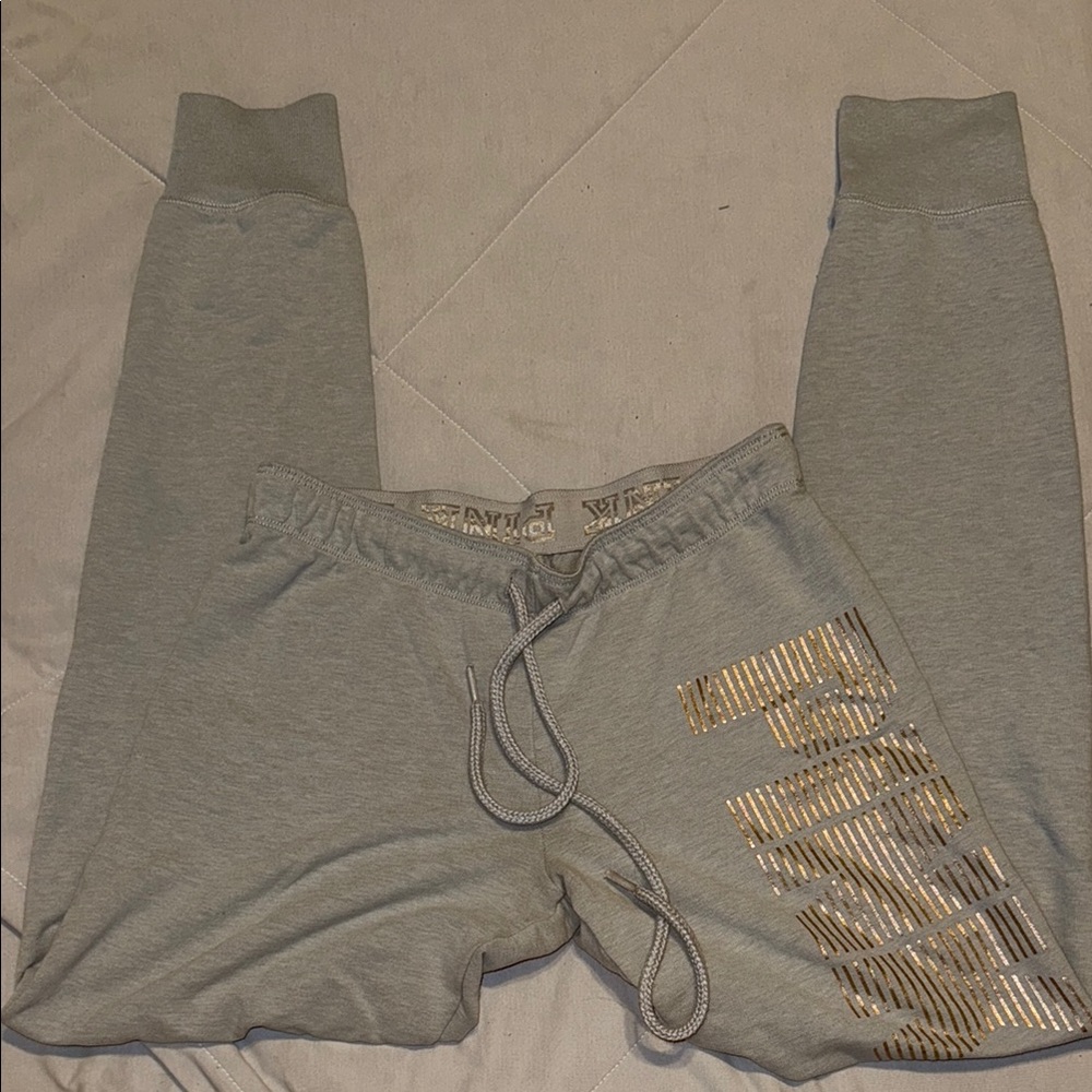 PINK Victoria's Secret Gray and Gold Track Pants with Tapered Legs